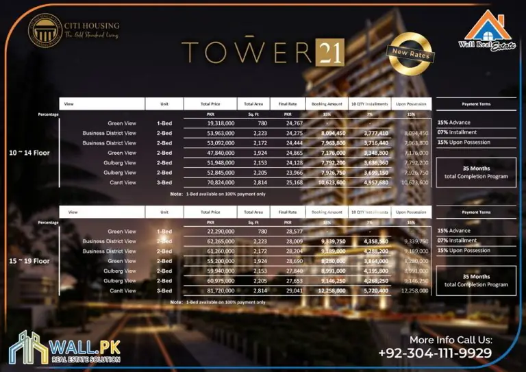 Tower 21 Lahore Payment Plan;