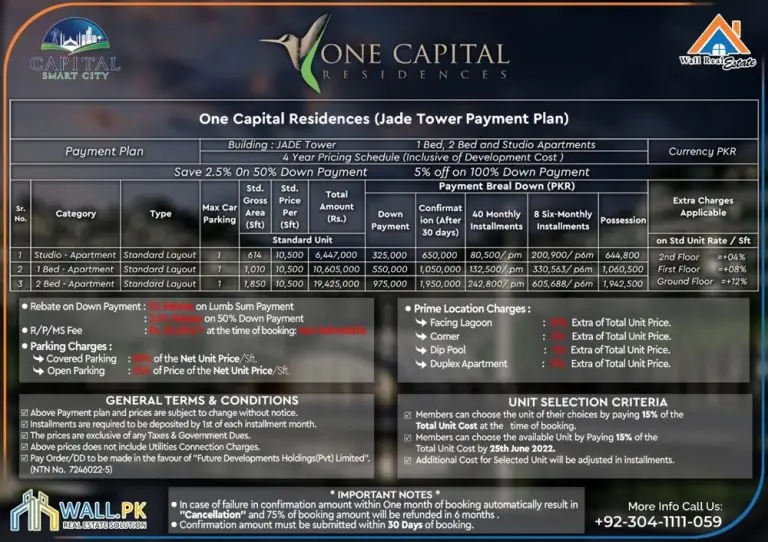 One Capital Residences Islamabad Payment Plan