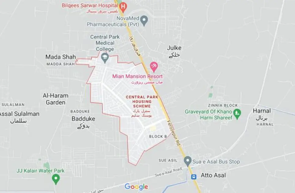 Central Park Lahore Location Map  