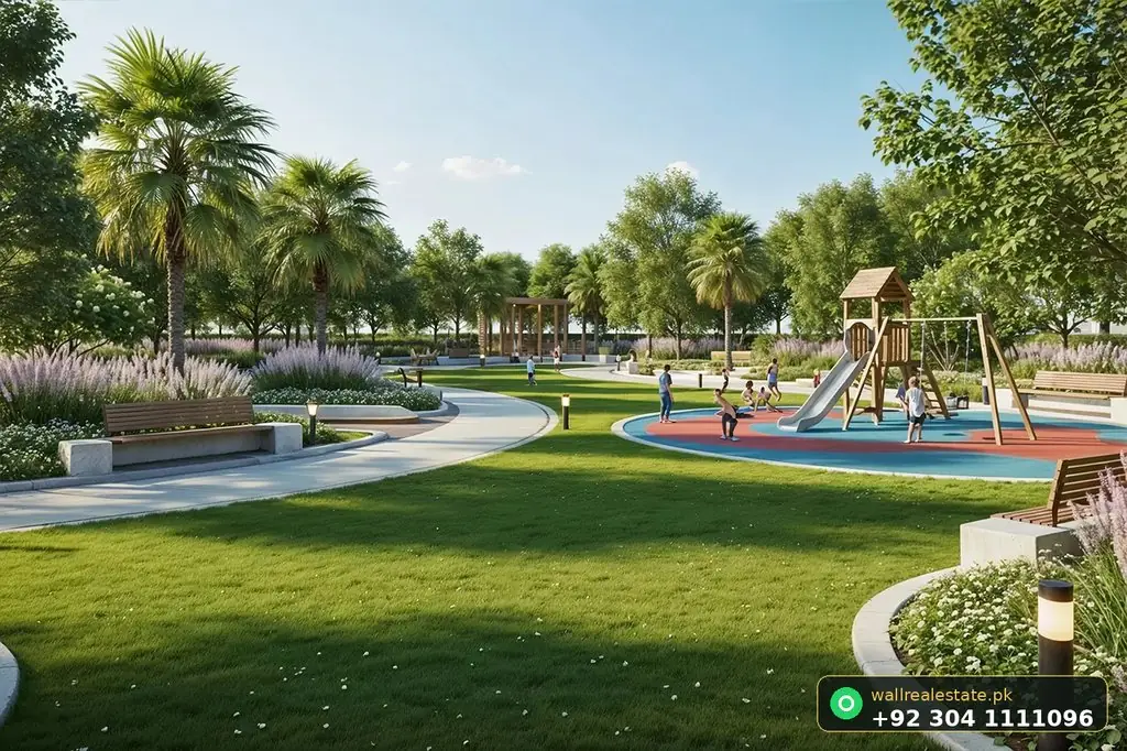 Capital Valley 5.21-Kanal community park with children's play area, walking tracks and landscaped lawns